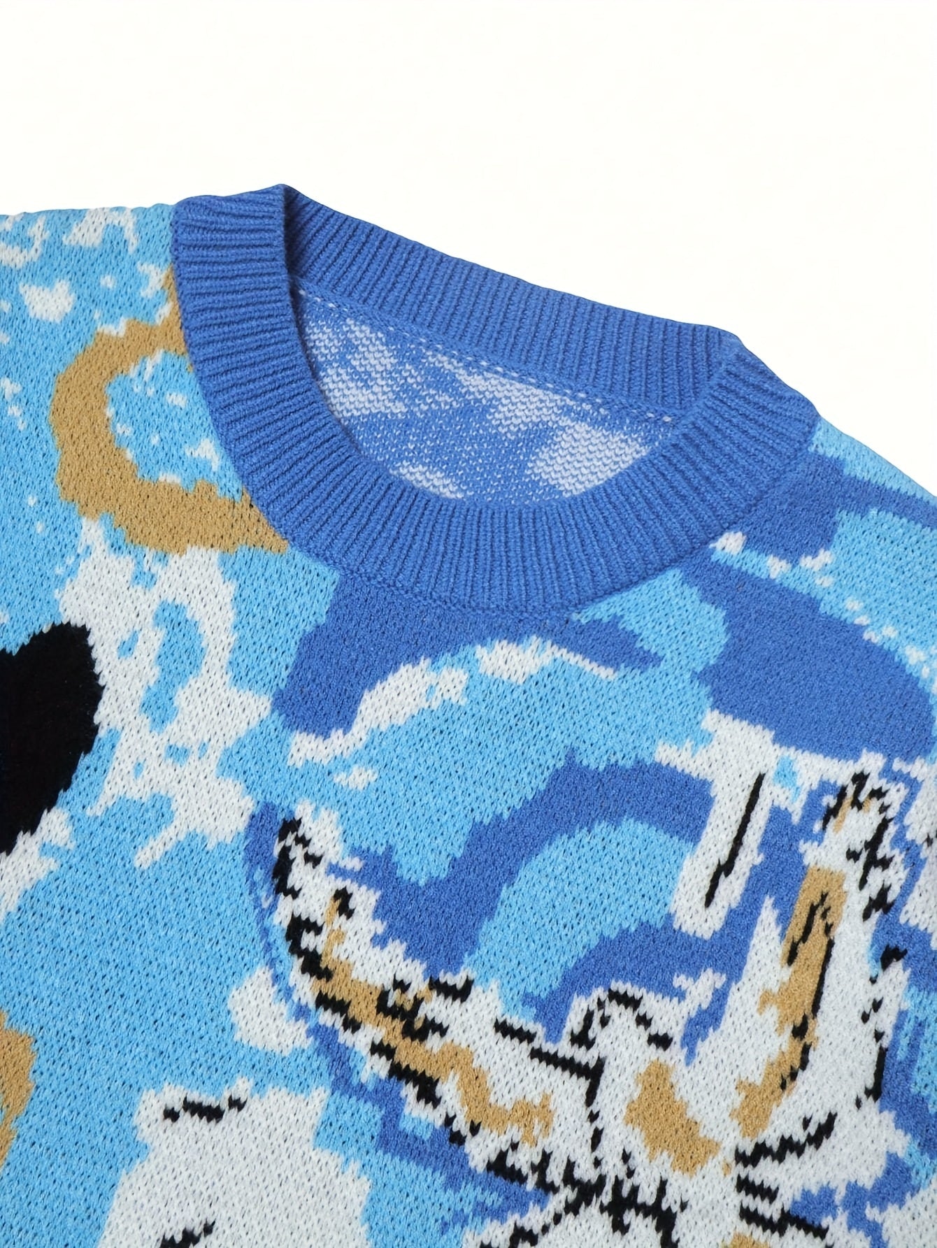 Men's Spring, Autumn, Winter Street Fashion Artistic Oil Painting Style Letter, Heart, and Eagle Pattern Crew Neck Long Sleeve Pullover Sweater, Unisex Casual Loose Fabric Top