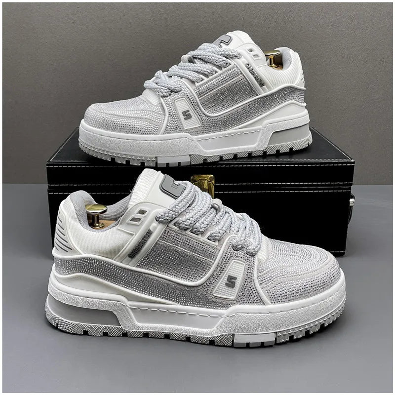 Rhinestone Sports Shoes Trend Spring New Men Thick-Soled Casual Walking Tennis Shoes Shiny Black Diamond Breathable Sneakers
