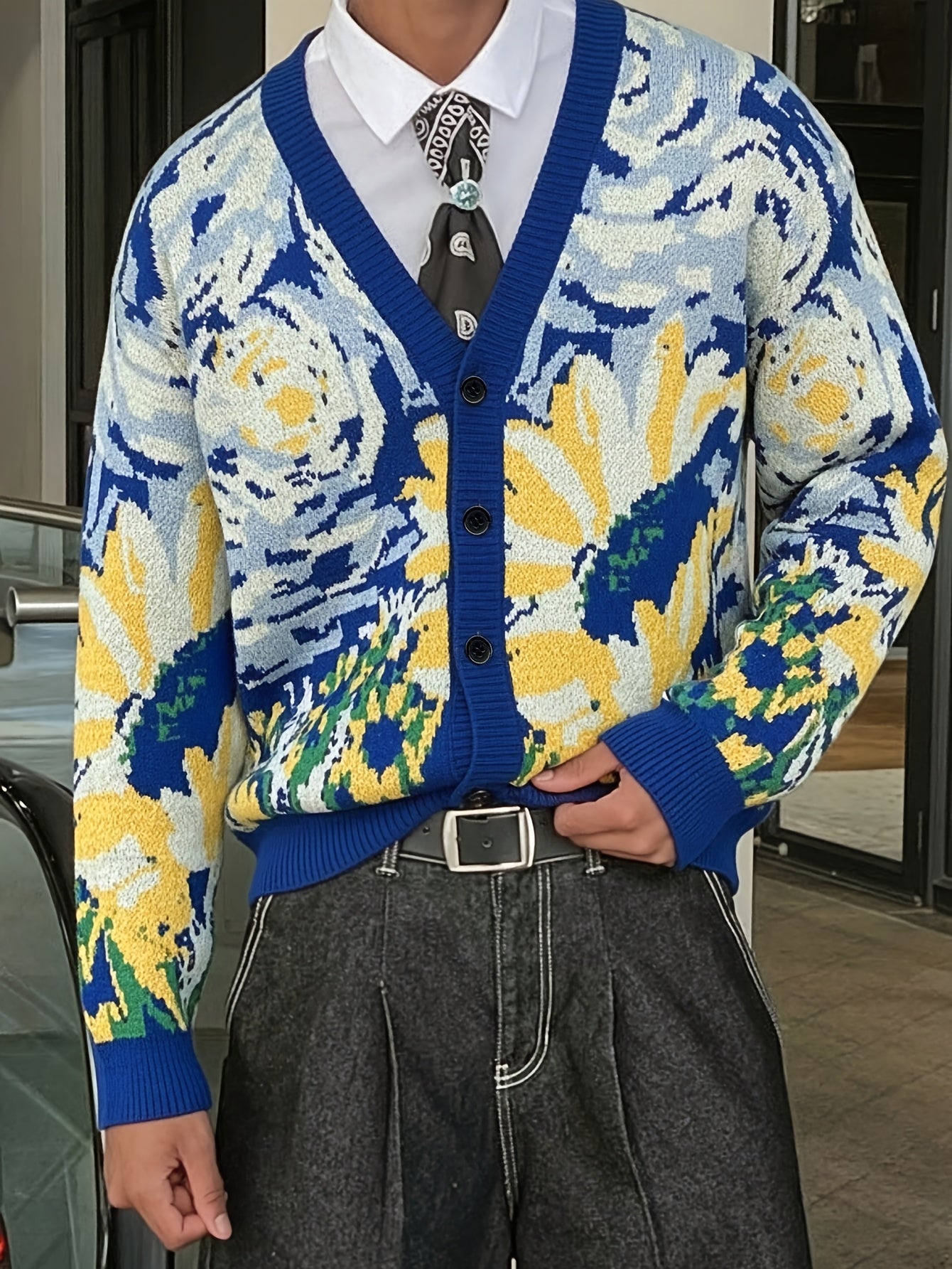 New Men'S And Women'S Unisex Casual Commuting Style Sweater Featuring an Abstract Van Gogh Oil Painting Pattern, with a Knitted Long-Sleeve Cardigan Design