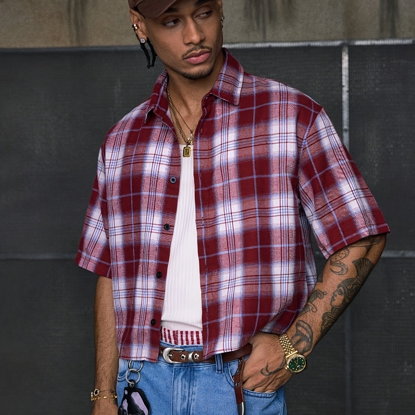 Chemise décontractée à manches courtes et imprimé patchwork, coupe ample, col à revers, plusieurs tailles pour homme