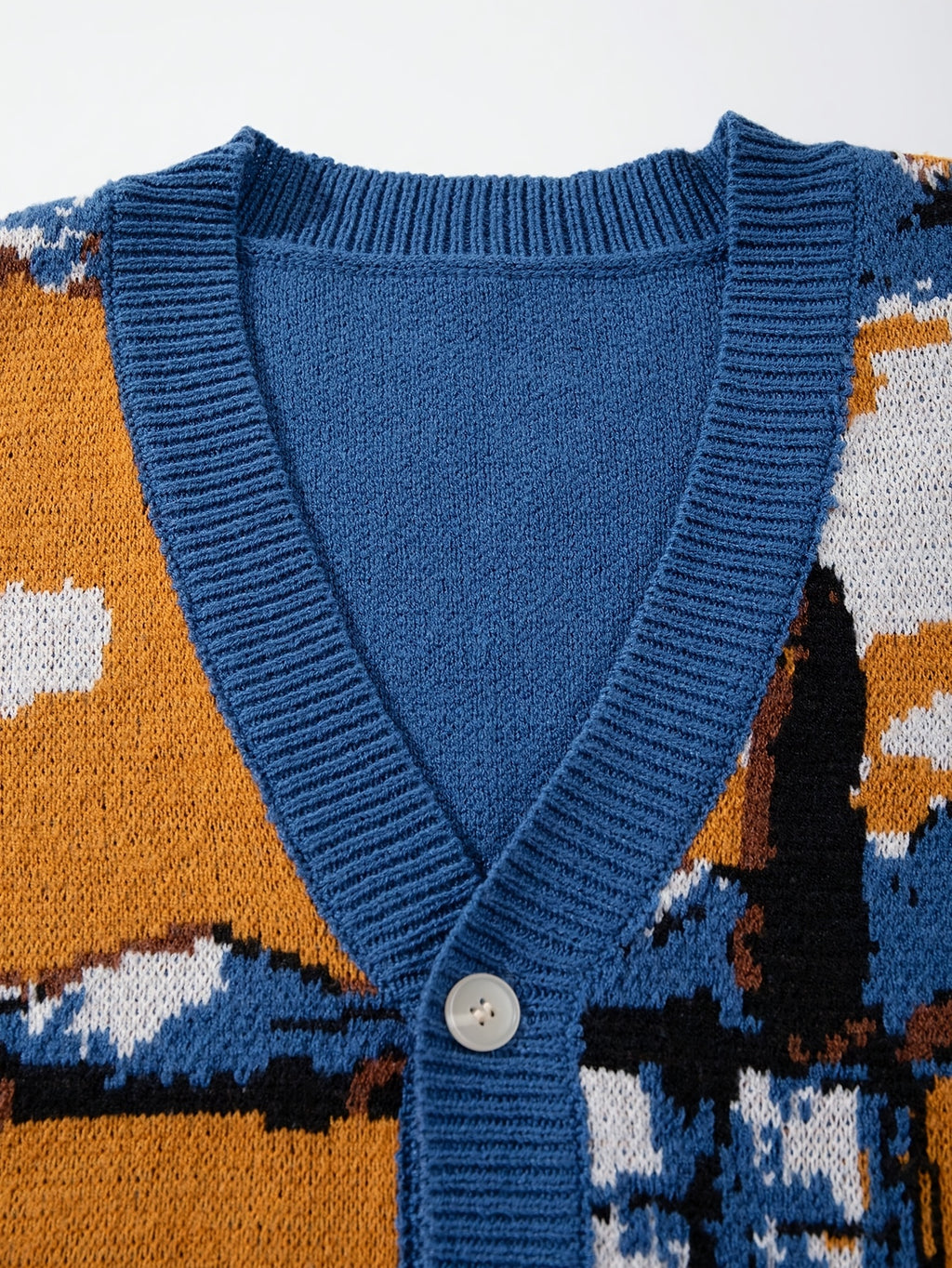 Gilet ample décontracté en maille à col V | Motif tournesol et maison, style peinture à l'huile, détails de boutons, manches longues, collection automne/hiver par ANDREILEE