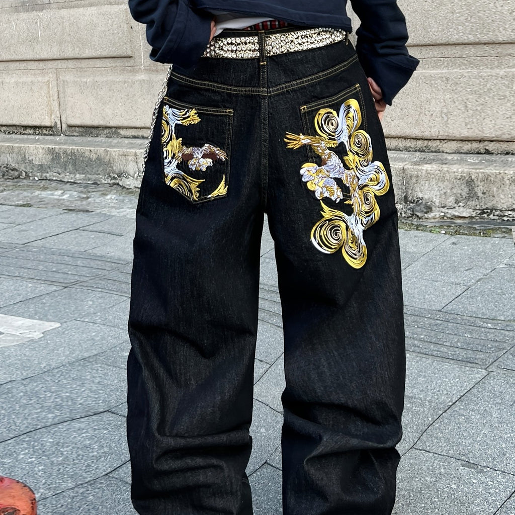 Jean ample en denim brodé doré style vintage américain, résistant et durable | Style streetwear hip-hop, tissu non extensible, longueur standard, toutes saisons, poches, ceinture non incluse