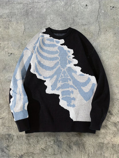 New Spring, Autumn, and Winter Style Unisex Casual Commuter American Trendy Fun Cartoon Skull Pattern Jacquard Knit Sleeveless Crew Neck Pullover Sweater Top Fabricknitted Clothing