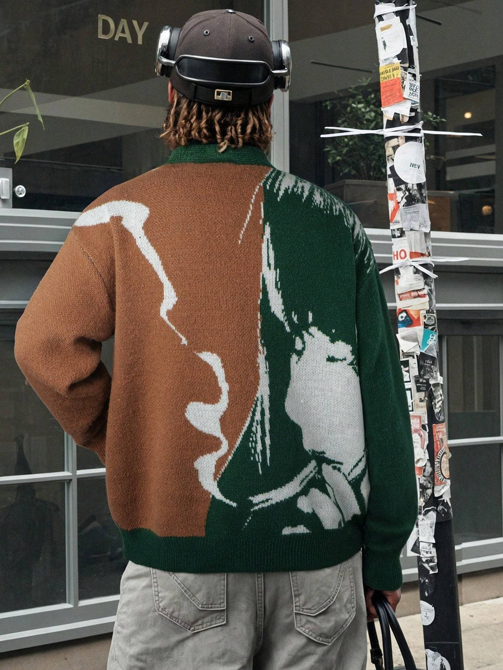 Cardigan homme style streetwear NEW YORK à motif de personnage de dessin animé, coupe ample et neutre, manches longues, col en V, boutons, idéal pour le printemps, l'automne et l'hiver
