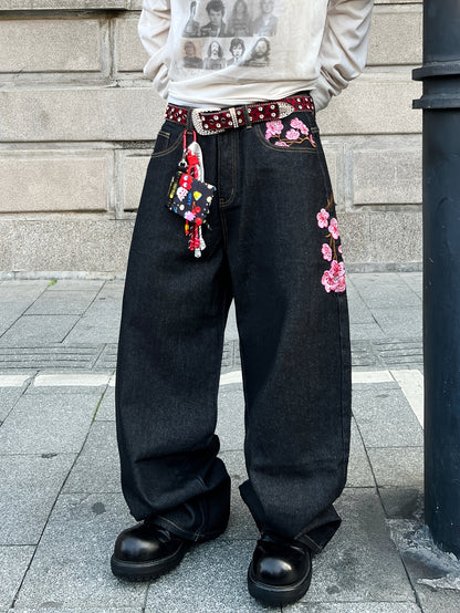 1pc American Vintage Heavy-Duty Plum Blossom Embroidered Loose Denim Jeans | Street Fashion, Unisex, Black, Non-Stretch Fabric, Regular Length, Pocket Details, All-Season