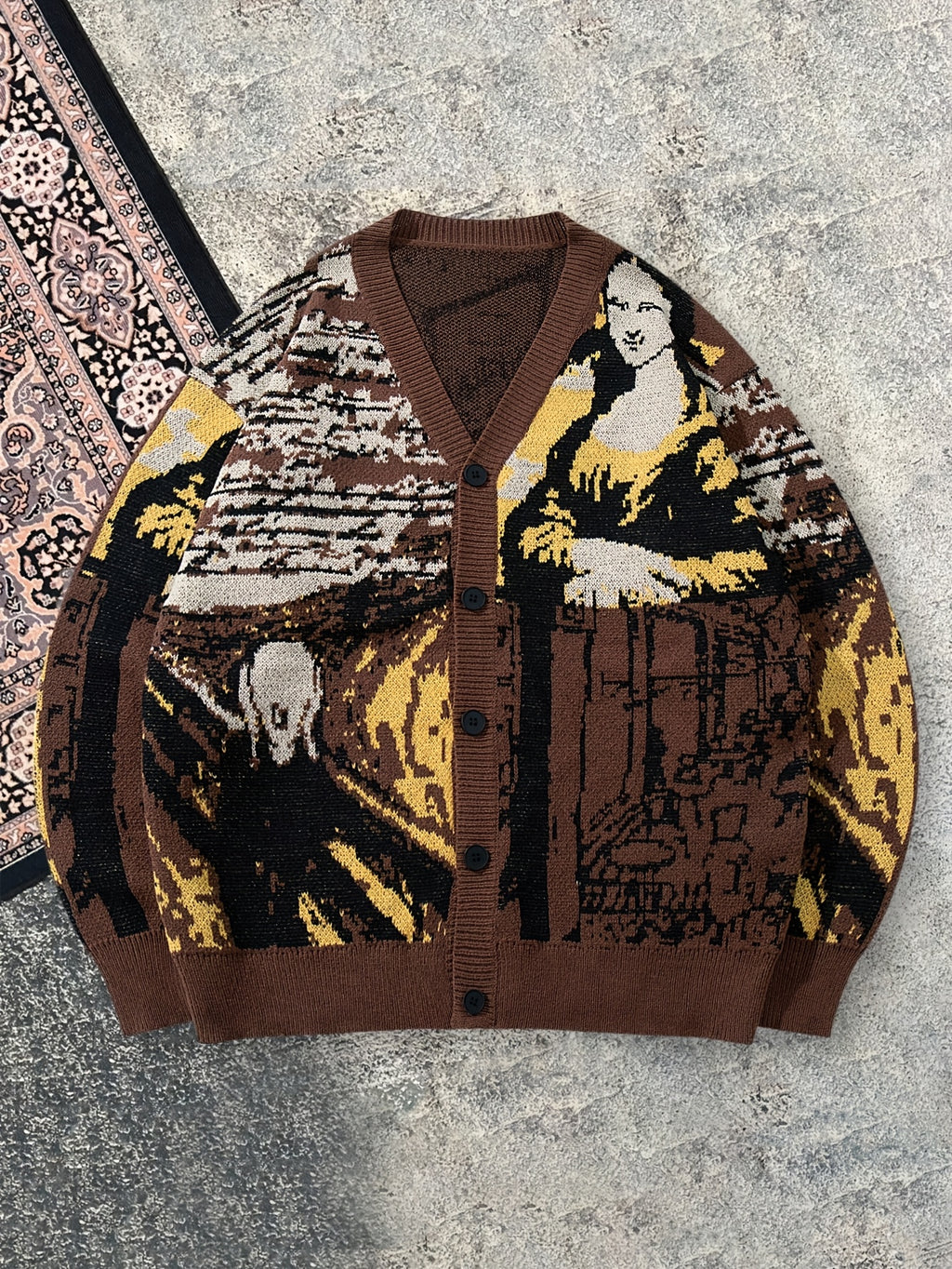 Cardigan homme décontracté en maille ample, motif Mona Lisa style vintage | Col V, manches longues, automne/hiver, ANDREILEE