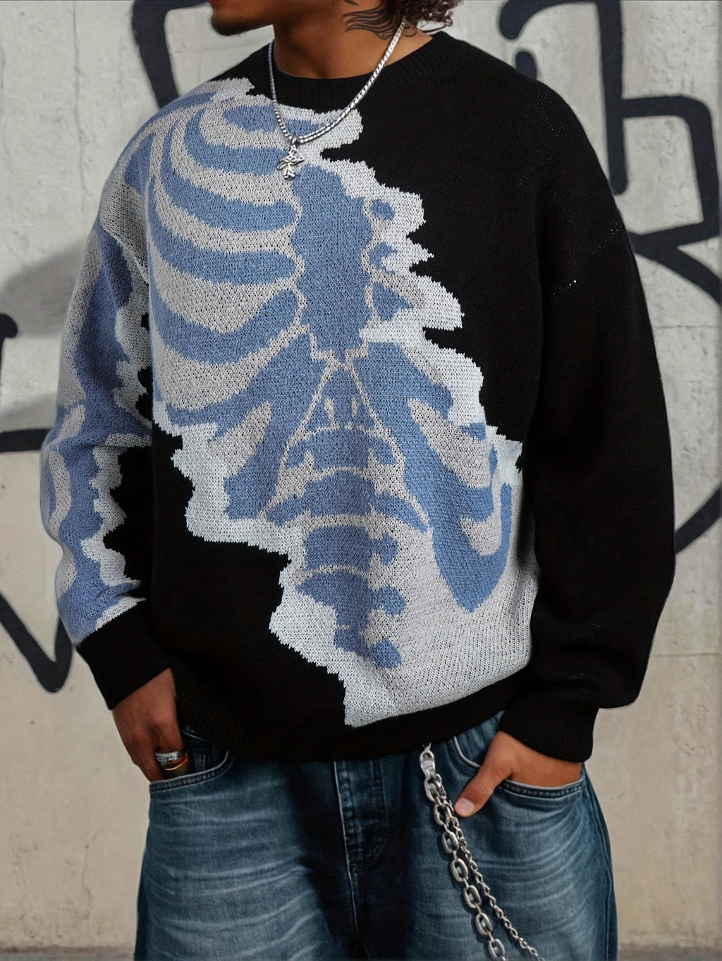 Nouveau pull unisexe décontracté style printemps-automne-hiver, idéal pour les trajets quotidiens, tendance et amusant, en maille jacquard à motif tête de mort, sans manches et col rond.