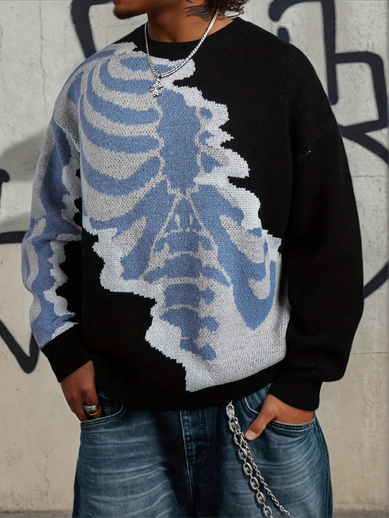 Nouveau pull unisexe décontracté style printemps-automne-hiver, idéal pour les trajets quotidiens, tendance et amusant, en maille jacquard à motif tête de mort, sans manches et col rond.