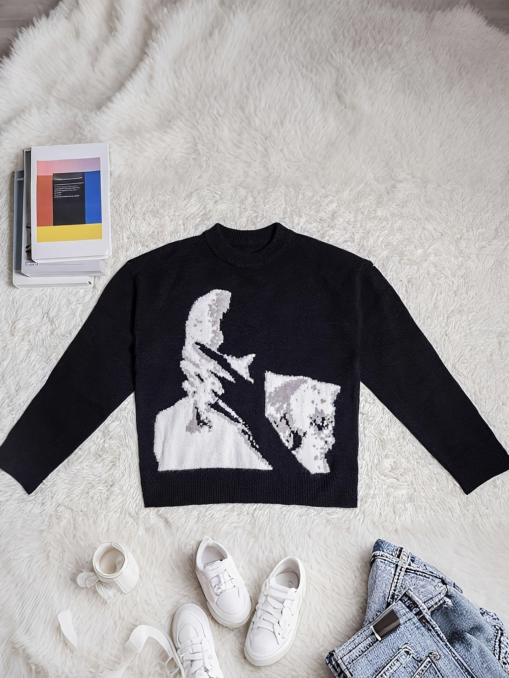 Pull femme Halloween et Noël - Pull graphique visage noir et blanc, pull doux au quotidien pour les tenues de fête d'Halloween, cadeaux de Noël - Pull chic et décontracté toute l'année pour femme, pull de fêtes, tenue festive, motif géométrique