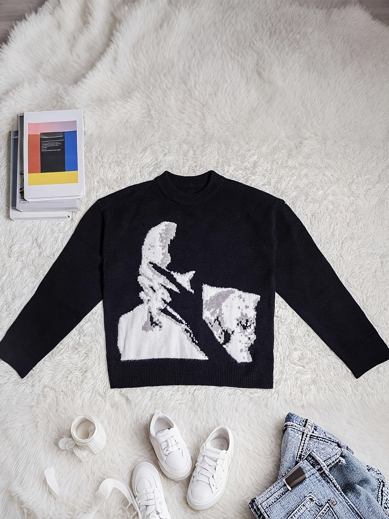 Pull femme Halloween et Noël - Pull graphique visage noir et blanc, pull doux au quotidien pour les tenues de fête d'Halloween, cadeaux de Noël - Pull chic et décontracté toute l'année pour femme, pull de fêtes, tenue festive, motif géométrique