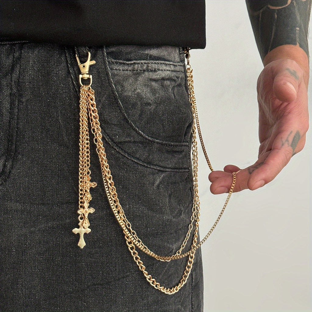 Chaîne de pantalon avec pendentif croix à trois rangs, style décontracté et minimaliste, arborant un design rétro tendance, idéal pour les soirées de tous les jours, ce qui en fait un cadeau polyvalent pour homme.