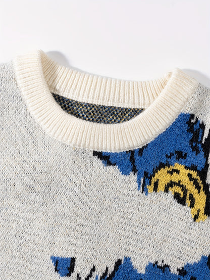 Men's and Women's Spring, Autumn, Winter Fashionable Van Gogh Starry Night Oil Painting Pattern Jacquard Asymmetrical Sleeve Long Sleeve Sweater, Unisex Crew Neck Casual Versatile Loose Drop Shoulder Pullover Fabric Top