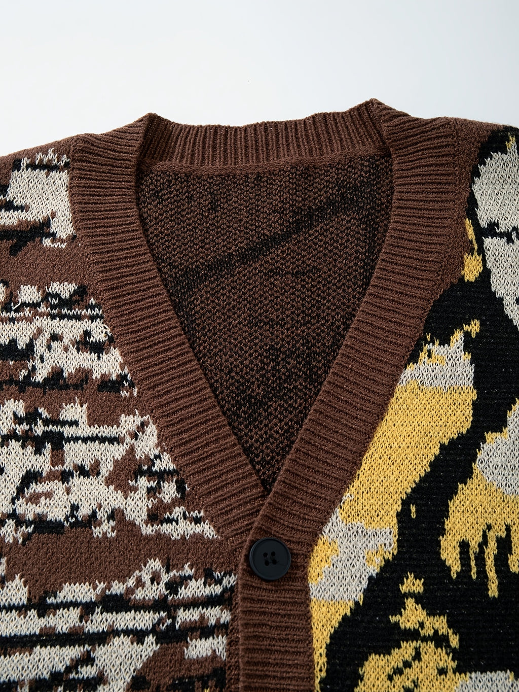 Cardigan homme décontracté en maille ample, motif Mona Lisa style vintage | Col V, manches longues, automne/hiver, ANDREILEE