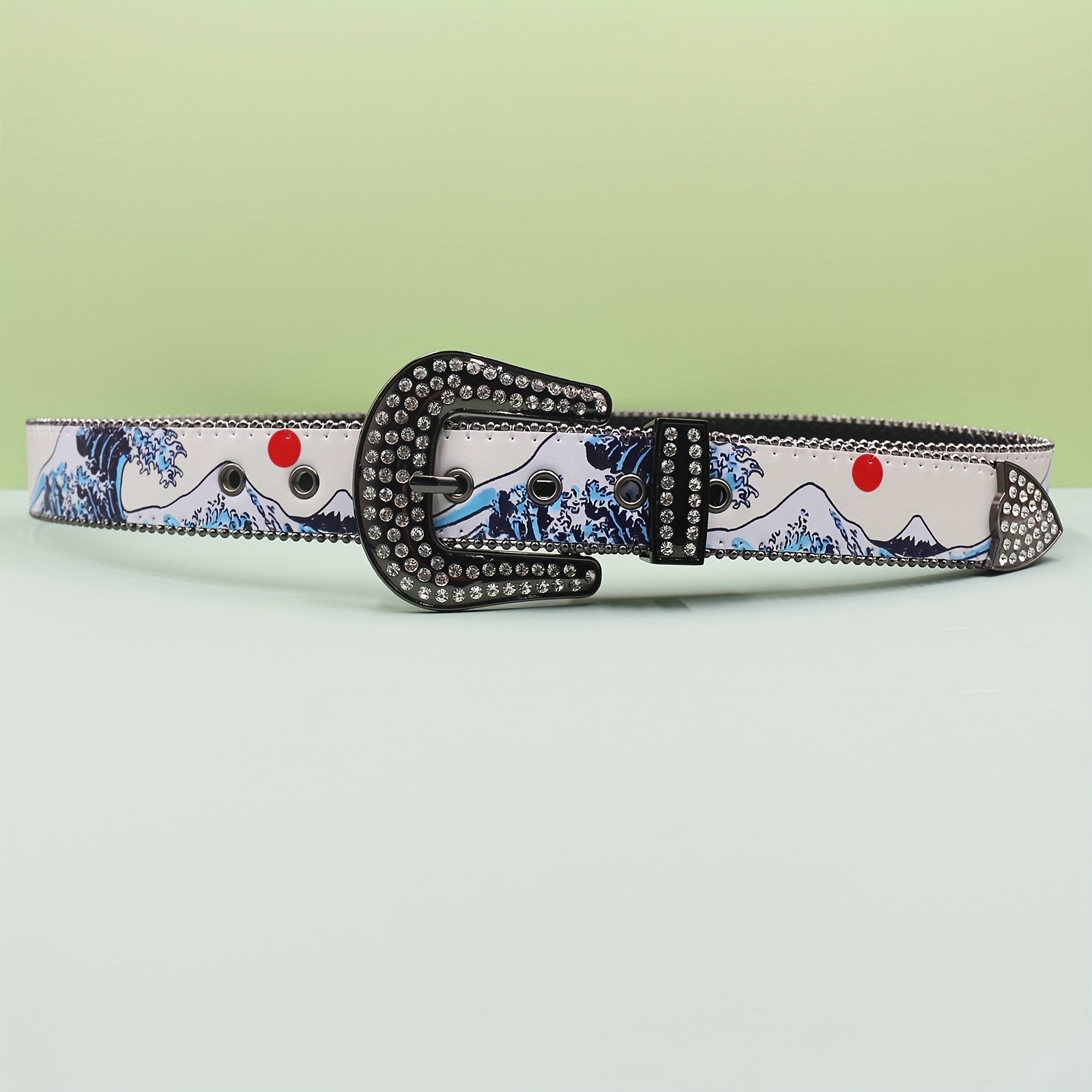 Ceinture blanche strass style années 2000 avec motif paysage de montagne - Boucle en alliage style western, empiècement en similicuir, accessoire de mode unisexe pour jeans et tenues décontractées | Ceinture tendance années 2000 | Ornement strass