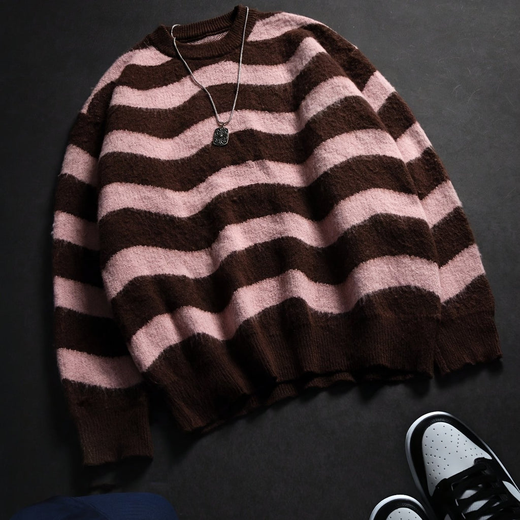 Nouveauté automne/hiver : Pull unisexe à manches longues et col rond rayé, style urbain.