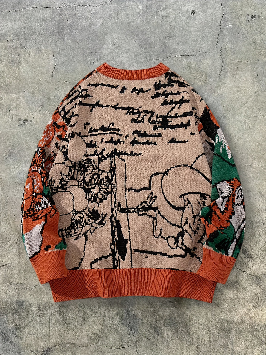 Pull unisexe à manches longues et coupe ample - Motif géométrique orange vif, vert, col rond, poignets côtelés, idéal pour le printemps et l'automne, polyvalent pour une tenue décontractée.