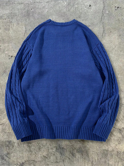 Autumn/Winter Unisex Street Style Drawstring Cable Knit Twisted Pattern Couple's Knit Sweater, Casual Loose Fit Crew Neck Fashion Drop Shoulder Long Sleeve Pullover Top