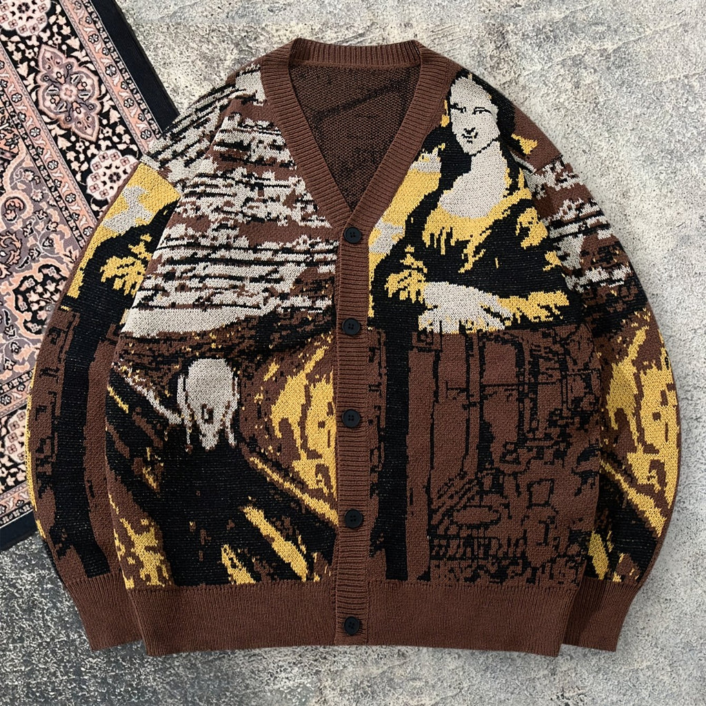 Cardigan homme décontracté en maille ample, motif Mona Lisa style vintage | Col V, manches longues, automne/hiver, ANDREILEE