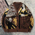 Cardigan homme décontracté en maille ample, motif Mona Lisa style vintage | Col V, manches longues, automne/hiver, ANDREILEE