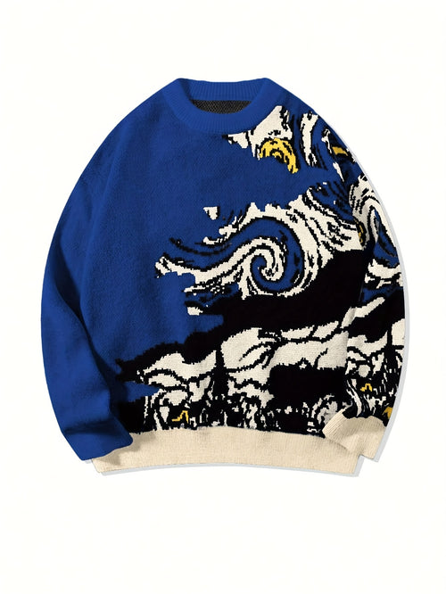 Pull unisexe à manches longues asymétriques, col rond, coupe ample et polyvalente, inspiré de la peinture à l'huile « La Nuit étoilée » de Van Gogh. Collection printemps-automne-hiver.