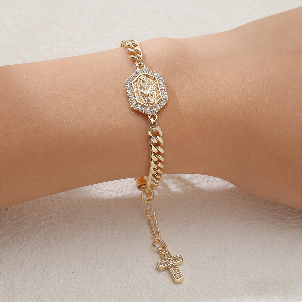 Bracelet religieux vintage et élégant plaqué or 14 carats, orné de zirconiums cubiques. Bijou unisexe, idéal pour la prière quotidienne et la méditation. À porter au quotidien, en cadeau, pour les fêtes, Noël, Halloween ou comme accessoire de mode.