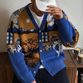 Gilet ample décontracté en maille à col V | Motif tournesol et maison, style peinture à l'huile, détails de boutons, manches longues, collection automne/hiver par ANDREILEE