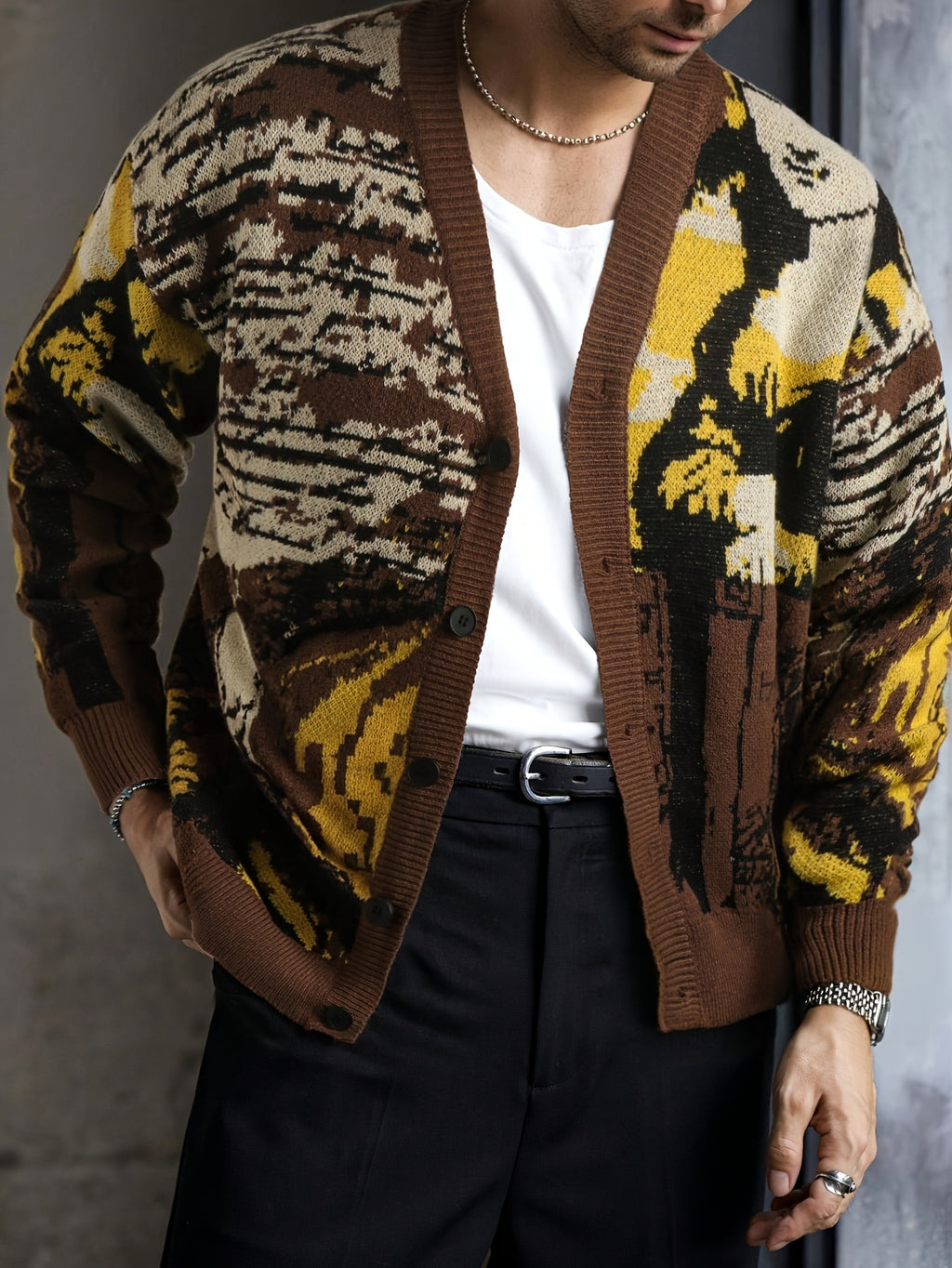 Cardigan homme décontracté en maille ample, motif Mona Lisa style vintage | Col V, manches longues, automne/hiver, ANDREILEE