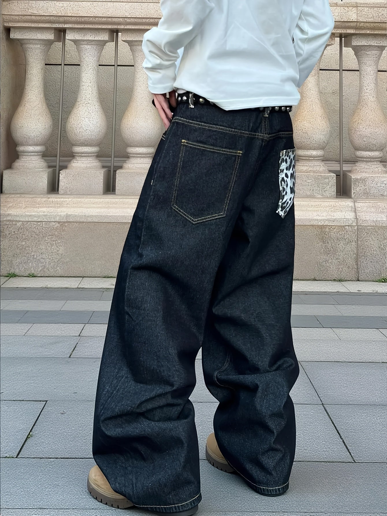 Pantalon homme vintage large noir à imprimé léopard - Coupe ample style streetwear, jean à poches pleine longueur (ceinture/cintre non inclus)
