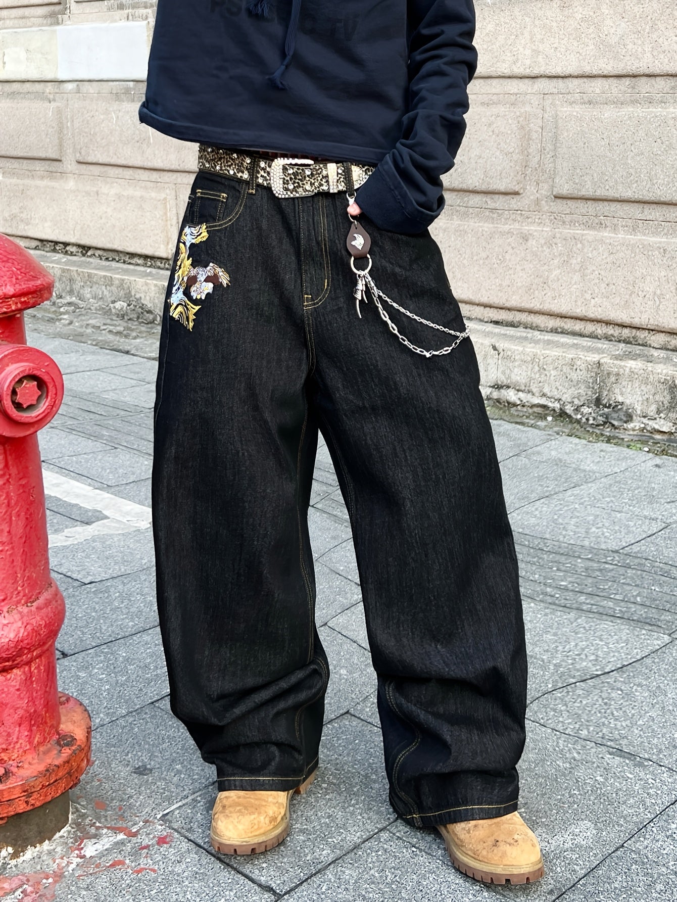 Jean ample en denim brodé doré style vintage américain, résistant et durable | Style streetwear hip-hop, tissu non extensible, longueur standard, toutes saisons, poches, ceinture non incluse
