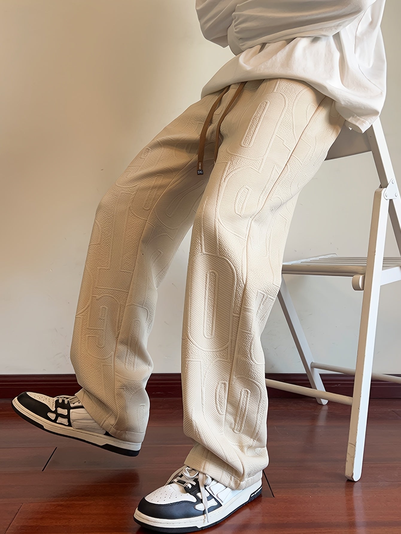 Pantalon droit d'automne pour homme, en tissu jacquard intégral, taille élastiquée avec cordon de serrage, idéal pour les activités décontractées de printemps et d'automne.