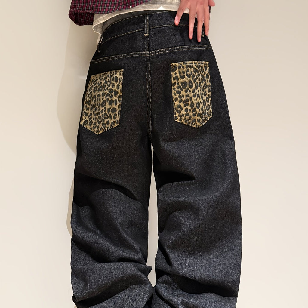 Pantalon en jean ample à revers imprimé léopard style rétro américain, pantalon streetwear noir tendance à jambes larges pour homme (ceinture et accessoires non inclus)