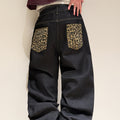 Pantalon en jean ample à revers imprimé léopard style rétro américain, pantalon streetwear noir tendance à jambes larges pour homme (ceinture et accessoires non inclus)