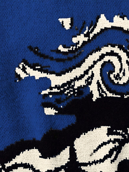 Men's and Women's Spring, Autumn, Winter Fashionable Van Gogh Starry Night Oil Painting Pattern Jacquard Asymmetrical Sleeve Long Sleeve Sweater, Unisex Crew Neck Casual Versatile Loose Drop Shoulder Pullover Fabric Top