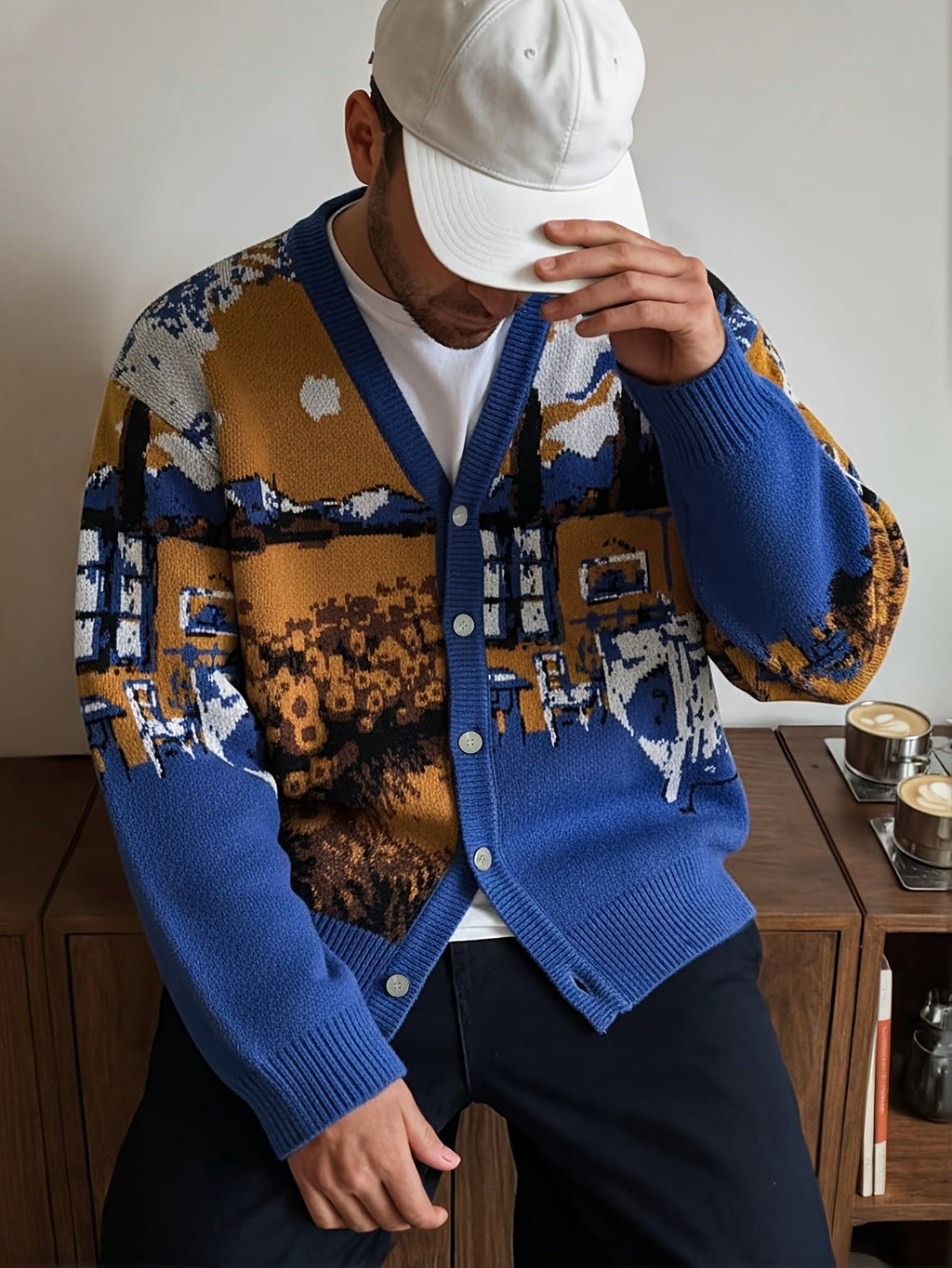 Gilet ample décontracté en maille à col V | Motif tournesol et maison, style peinture à l'huile, détails de boutons, manches longues, collection automne/hiver par ANDREILEE