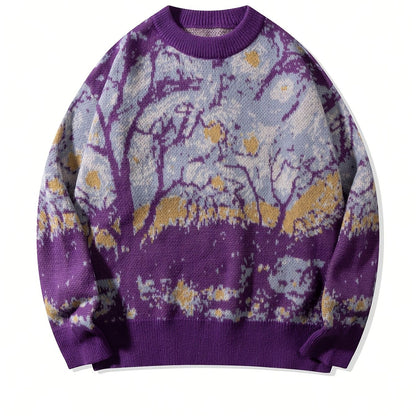 New Spring/Autumn/Winter Men's Casual Loose-Fit Fashionable Irregular Branch Abstract Jacquard Pattern Purple Long-Sleeve Sweater, Unisex Crew Neck Pullover Versatile Knit Top
