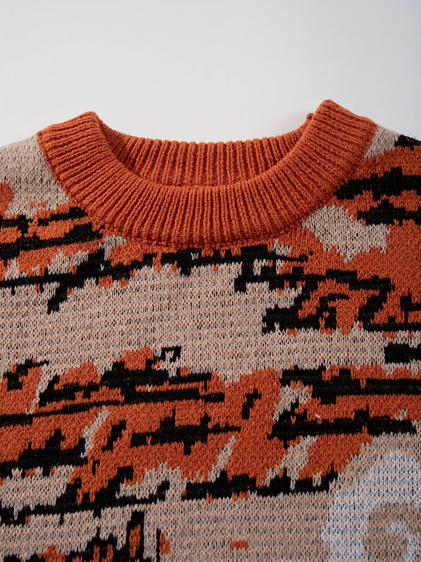 Men'S & Women'S Casual Loose-Fit Long Sleeve Pullover Sweater - Vibrant Orange, Green, & Geometric Pattern, Round Neck, Ribbed Cuffs, Perfect for Spring/Fall, Versatile for Casual Attire, Spring Fall Apparel | Vibrant Pattern