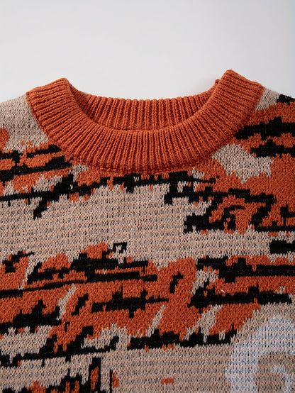 Men'S & Women'S Casual Loose-Fit Long Sleeve Pullover Sweater - Vibrant Orange, Green, & Geometric Pattern, Round Neck, Ribbed Cuffs, Perfect for Spring/Fall, Versatile for Casual Attire, Spring Fall Apparel | Vibrant Pattern