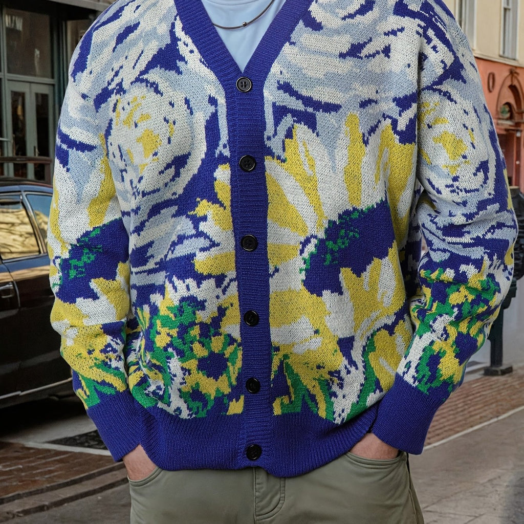 Nouveau pull unisexe décontracté pour hommes et femmes, idéal pour les trajets quotidiens, orné d'un motif abstrait inspiré des peintures à l'huile de Van Gogh, avec un design de cardigan à manches longues en maille.