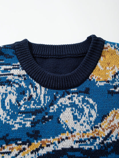 New Autumn And Winter Men'S Casual Loose-Fitting Sweater Featuring a Easy Van Gogh-Inspired Sunflower And Starry Sky Oil Painting Design with a Vintage Knit Long Sleeve And Round Neck