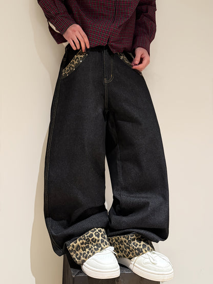 American Retro Style Leopard Print Cuffed Loose Denim Pants, Trendy Streetwear Black Wide-Leg Trousers for Men (Belt And Additions Not Included)