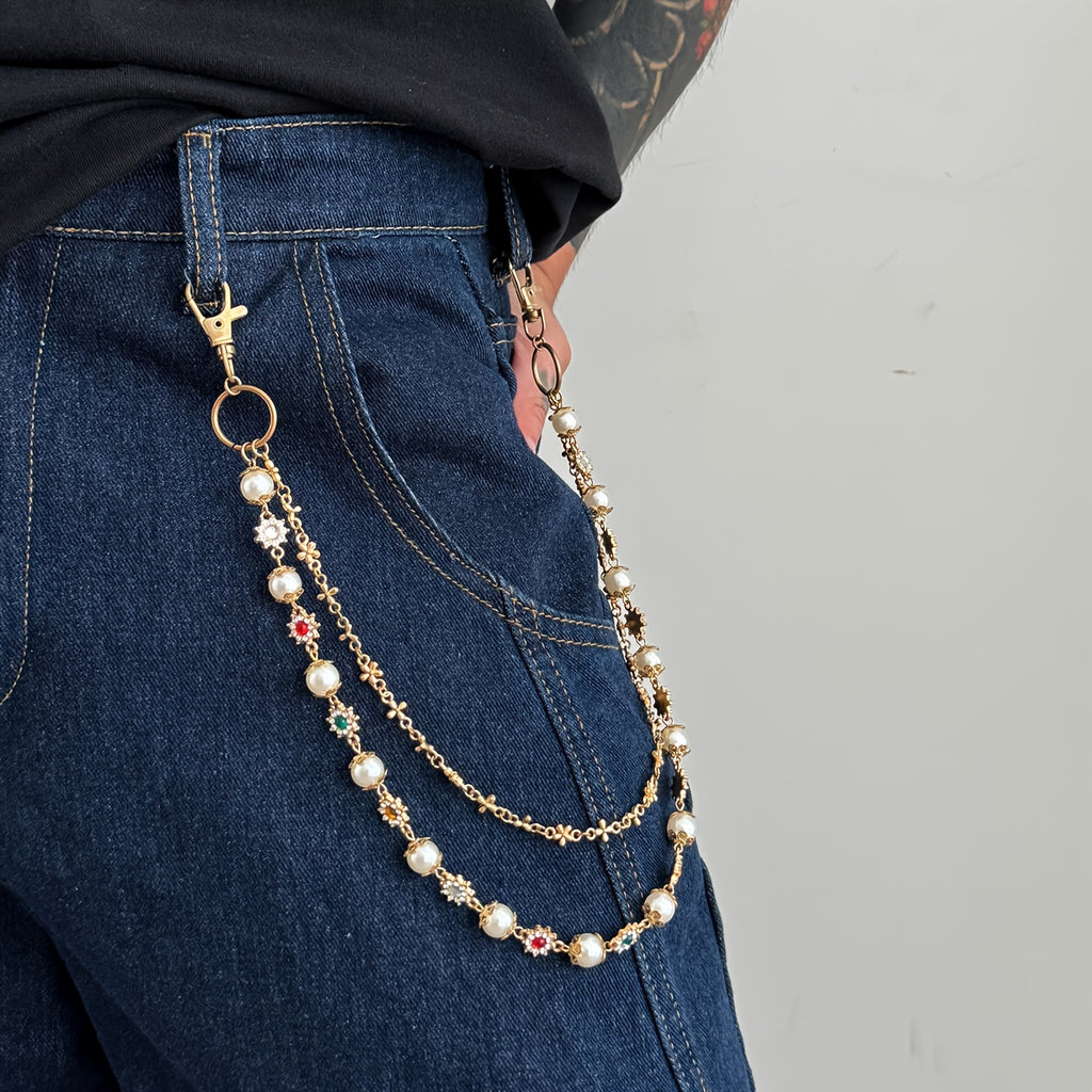 Chaîne en denim 1 pièce, petite chaîne à fleurs, style hip-hop, strass colorés, pendentif chaîne de taille, streetwear