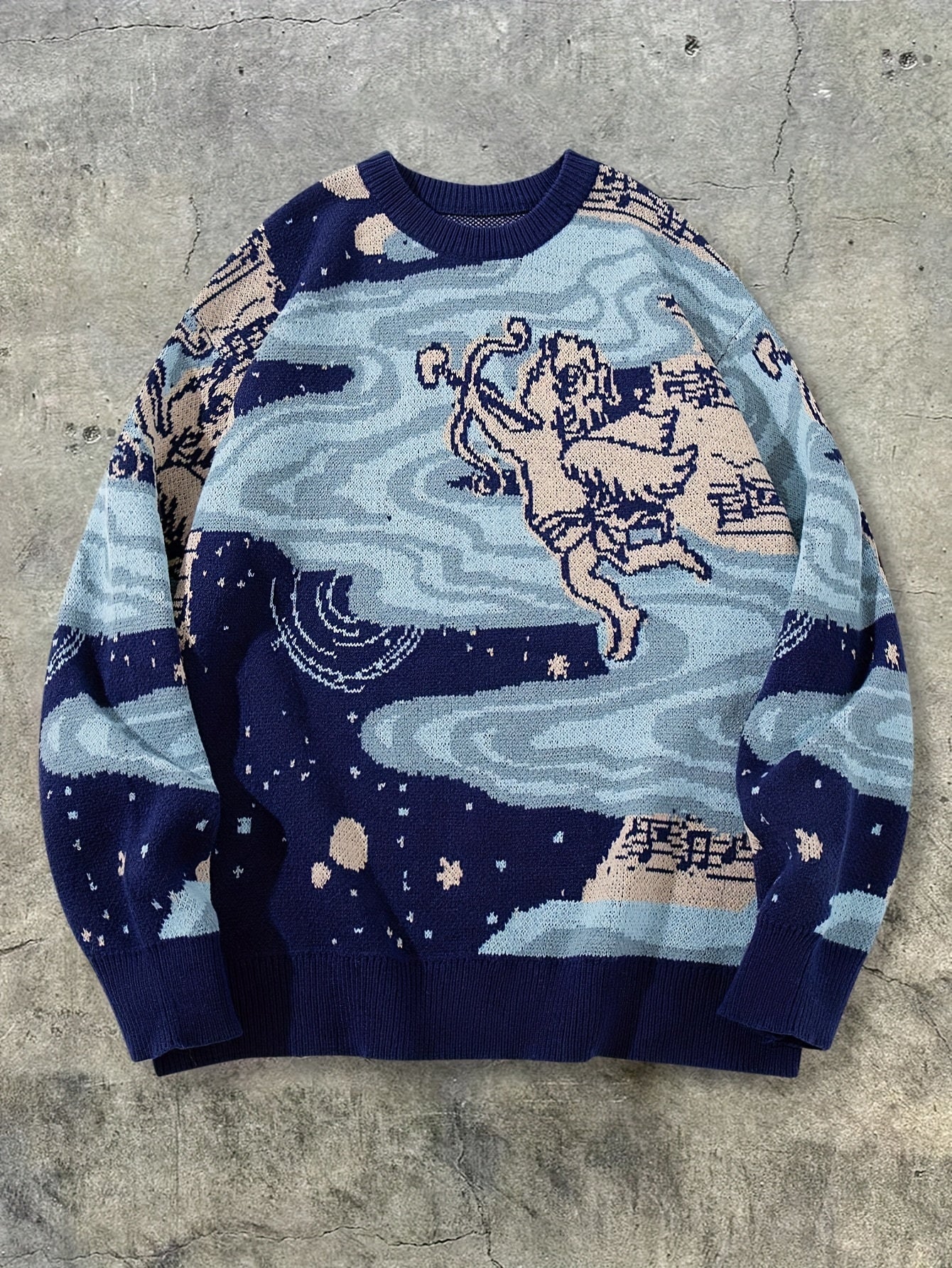 Nouveau pull en maille à manches longues et col rond pour homme, style rétro américain décontracté, imprimé Cupidon et ciel étoilé, idéal pour l'automne et l'hiver.
