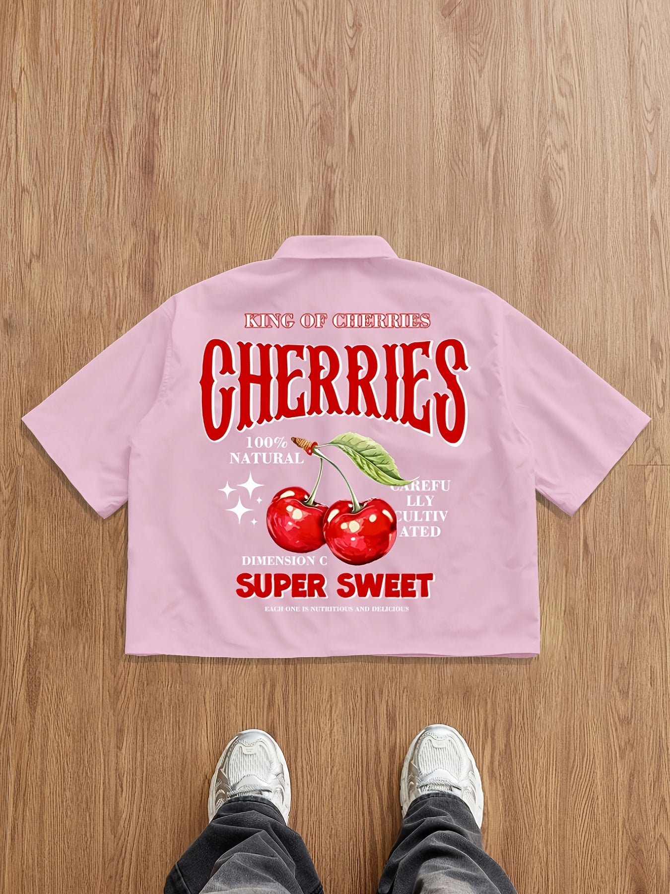 Chemise d'été décontractée à manches courtes pour homme avec motif de cerises et lettres au dos