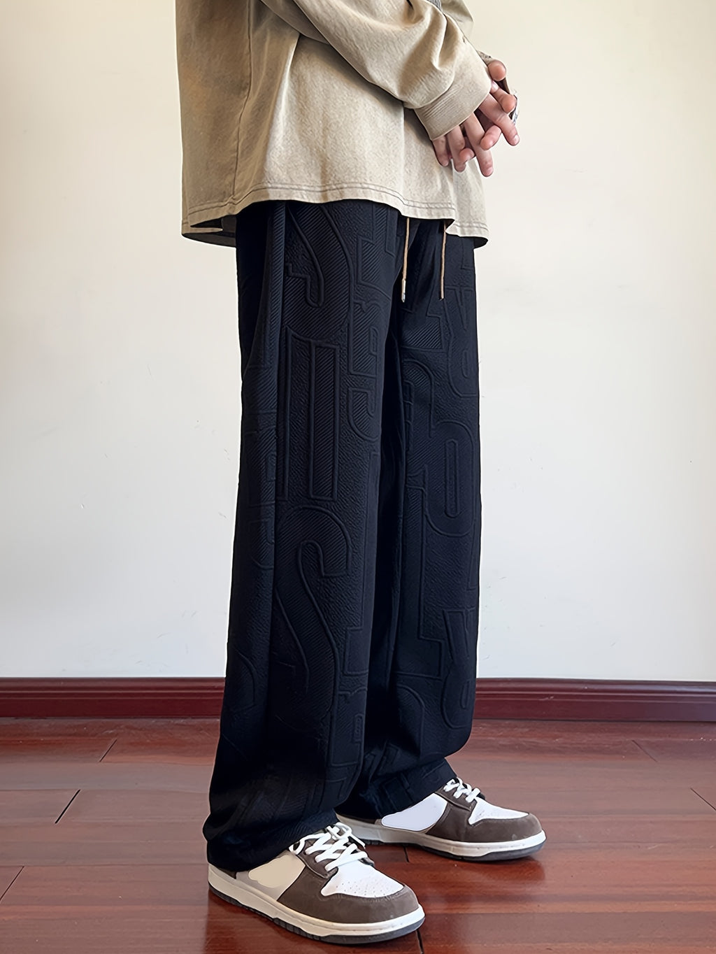 Pantalon droit d'automne pour homme, en tissu jacquard intégral, taille élastiquée avec cordon de serrage, idéal pour les activités décontractées de printemps et d'automne.