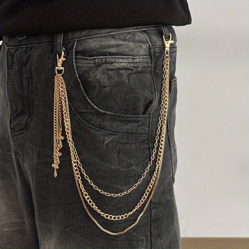 Chaîne de pantalon avec pendentif croix à trois rangs, style décontracté et minimaliste, arborant un design rétro tendance, idéal pour les soirées de tous les jours, ce qui en fait un cadeau polyvalent pour homme.