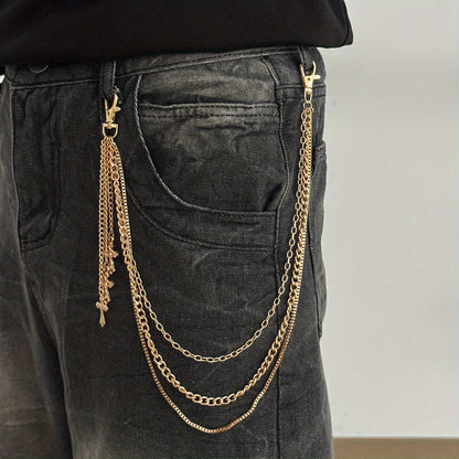 A Casual And Minimalist Style Cross Three-Layer Chain Pendant Pants Chain, Featuring a Trendy Retro Design Suitable for Everyday Parties, Making It a Versatile Gift for Men