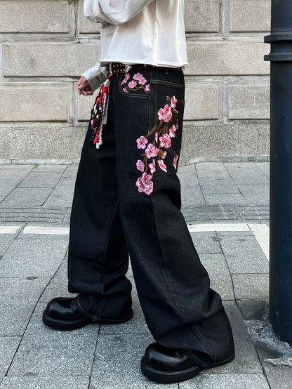 1pc American Vintage Heavy-Duty Plum Blossom Embroidered Loose Denim Jeans | Street Fashion, Unisex, Black, Non-Stretch Fabric, Regular Length, Pocket Details, All-Season