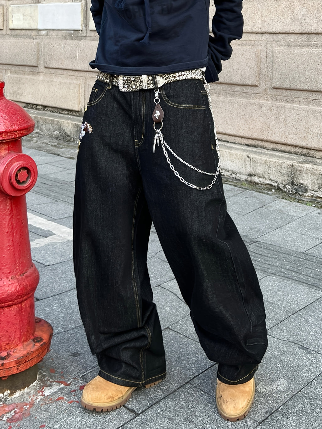 Jean ample en denim brodé doré style vintage américain, résistant et durable | Style streetwear hip-hop, tissu non extensible, longueur standard, toutes saisons, poches, ceinture non incluse