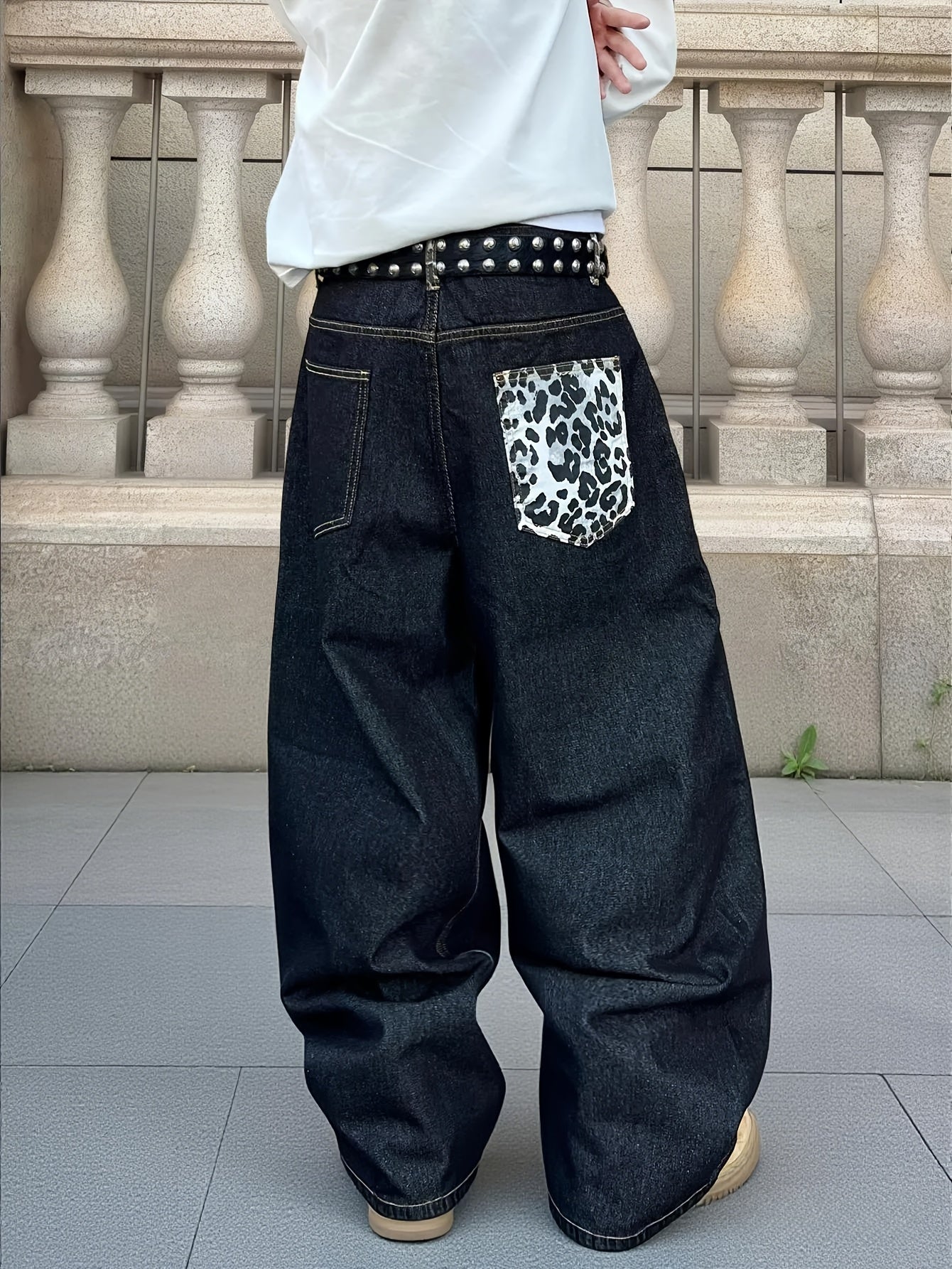 Pantalon homme vintage large noir à imprimé léopard - Coupe ample style streetwear, jean à poches pleine longueur (ceinture/cintre non inclus)