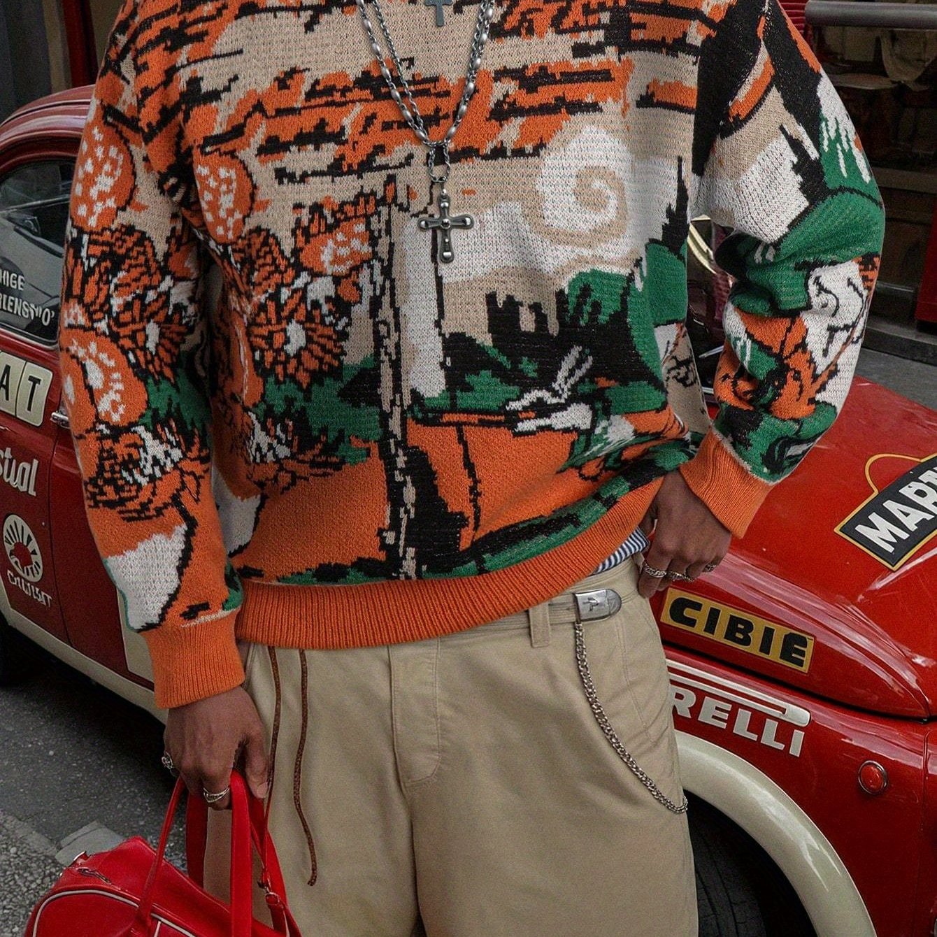Pull unisexe à manches longues et coupe ample - Motif géométrique orange vif, vert, col rond, poignets côtelés, idéal pour le printemps et l'automne, polyvalent pour une tenue décontractée.